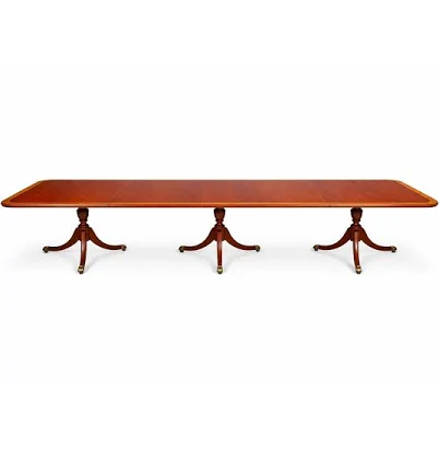 English Regency Style Banded Mahogany Triple Pedestal Dining Table