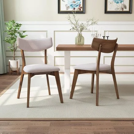 Fabric Upholstered Dining Chairs with Natural Walnut Finished Frame and Solid Wo
