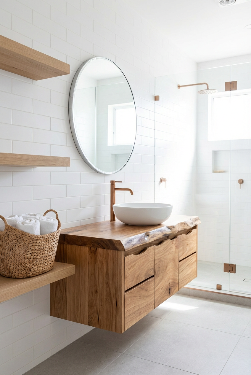 Modern Minimalist Bathroom with Floating Shelves for Storage
