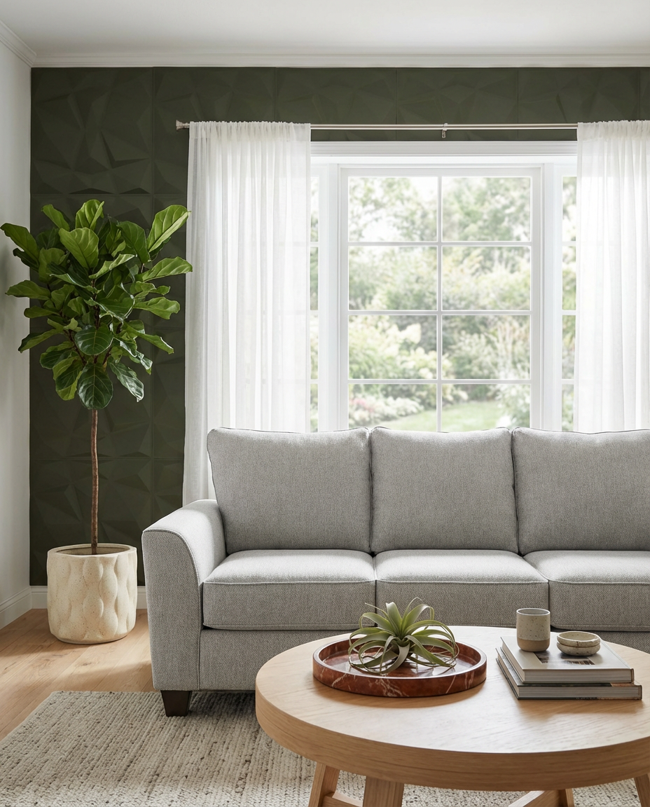 Biophilic Green Living Room with Textured Wall Panels
