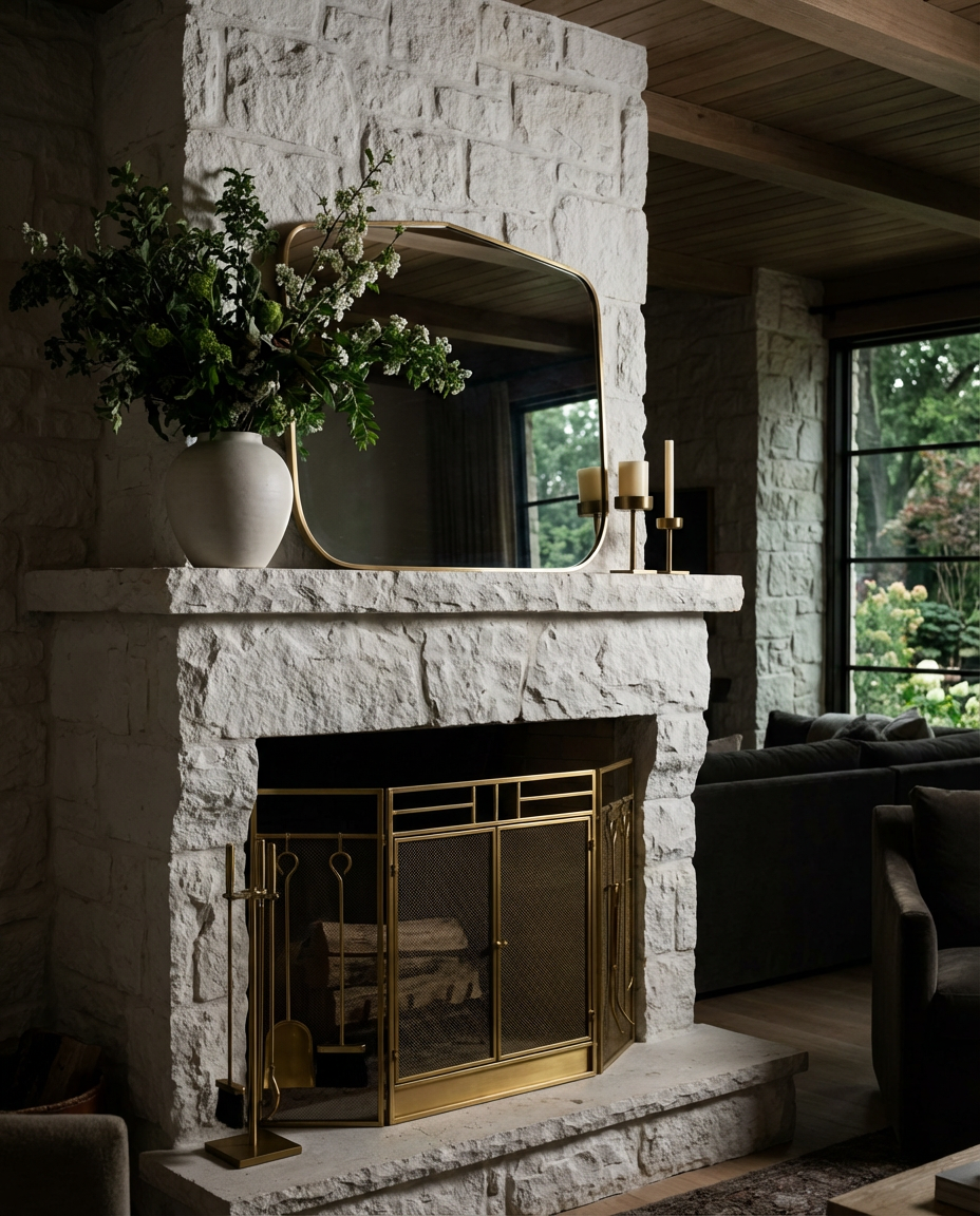 Grand White Stone Fireplace with Elegant Mantel Styling