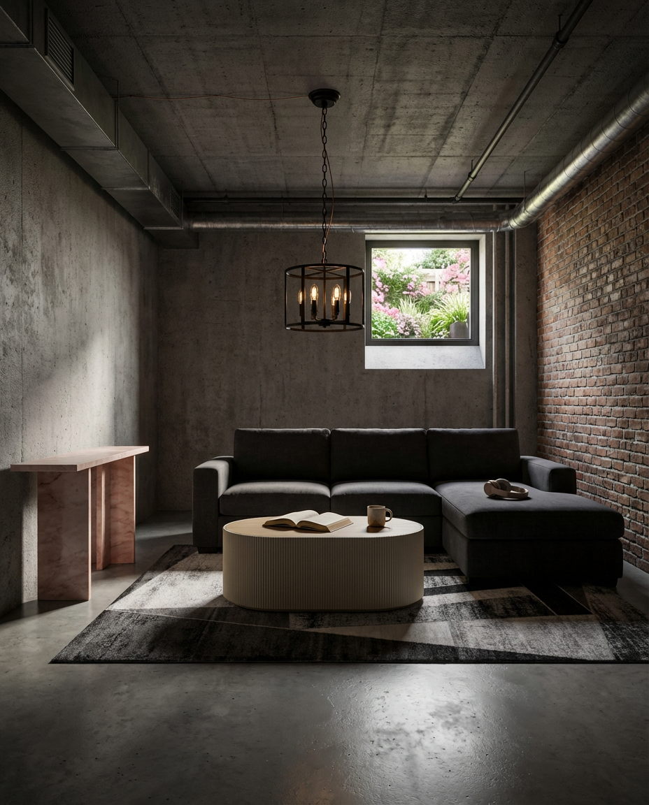 Modern Industrial Basement Loft with Exposed Ceilings