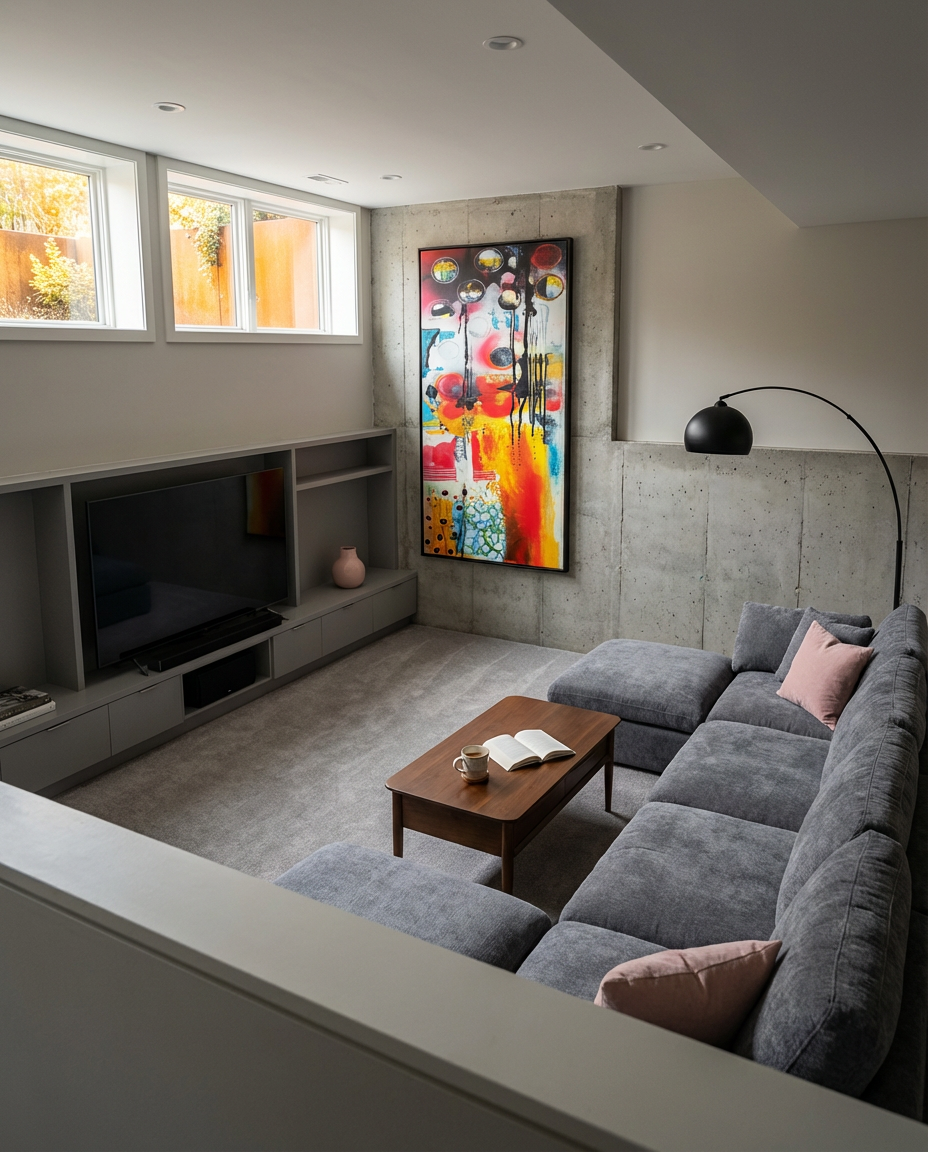 Split-Level Basement Entertainment Zone with Built-in Seating