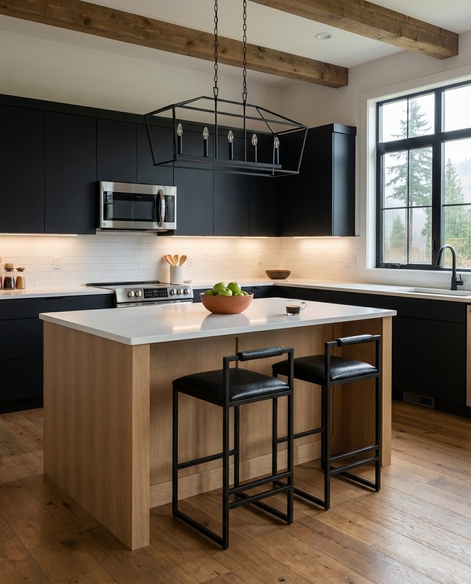 Sleek Black Kitchen with White Oak Accents