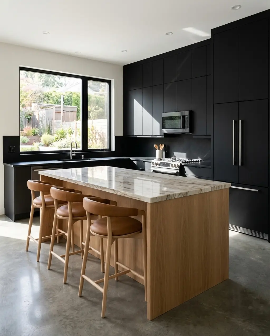 Sophisticated Black Kitchen with White Oak Island and Sleek Appliances