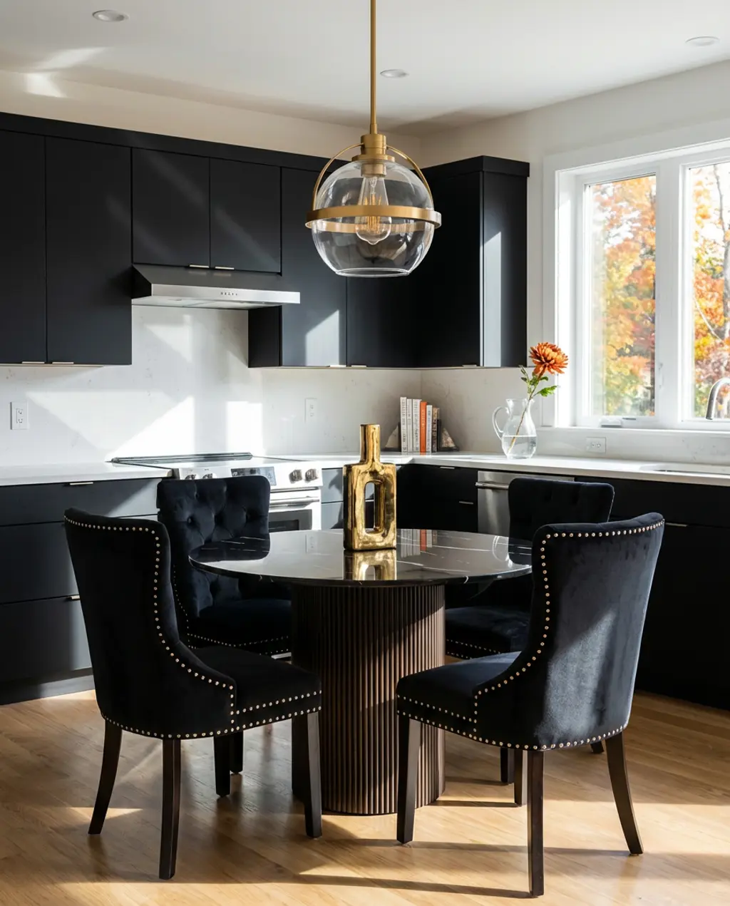 Sophisticated Black Round Kitchen Table with Sculptural Centerpiece