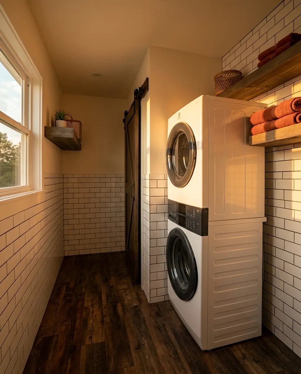 Stacked Washer Dryer in Rustic Farmhouse Nook — Luxury Version