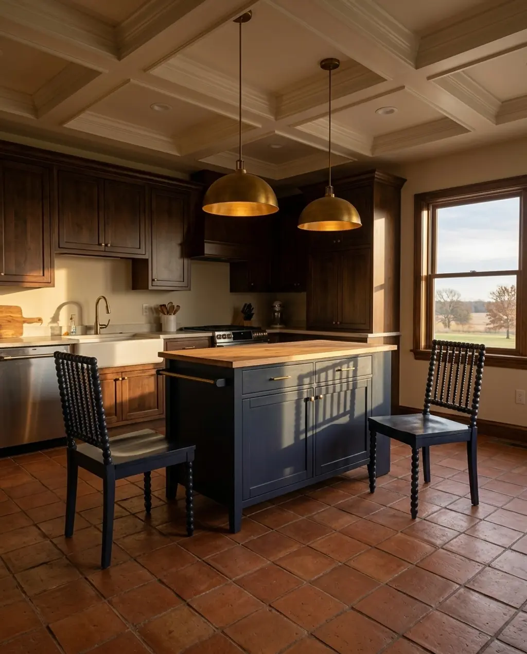 Warm Terracotta Tile Kitchen Floor with Natural Wood Accents