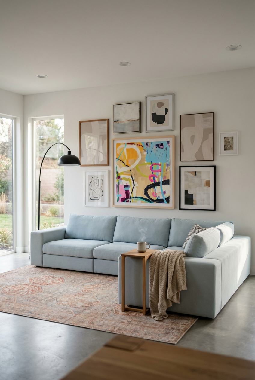 Bold Abstract Art Gallery Wall Above Couch