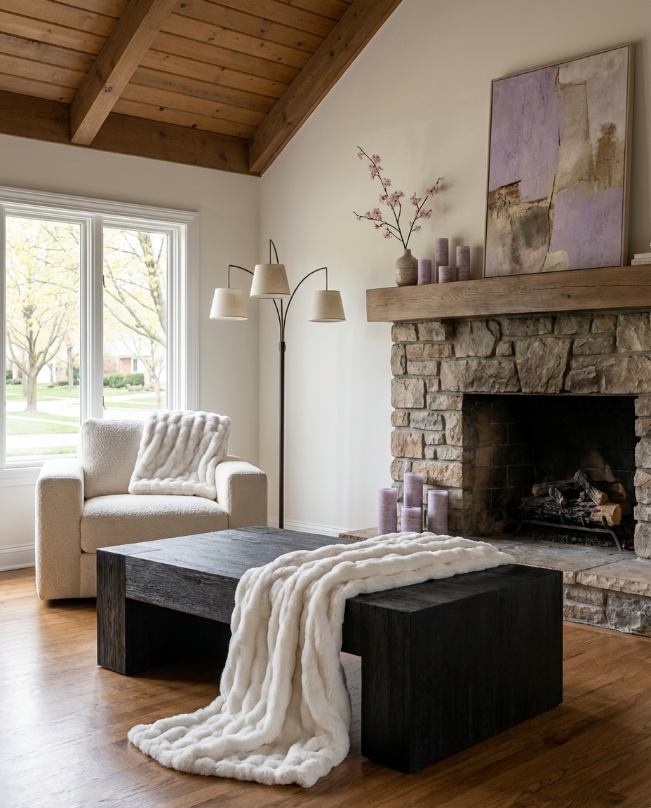 Rustic Luxe Living Room with Cozy Stone Fireplace