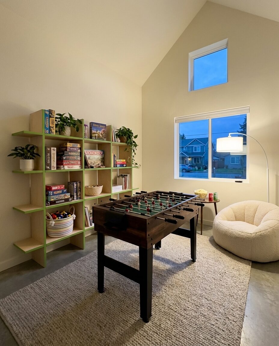 Budget-Friendly Basement Game Room with DIY Storage