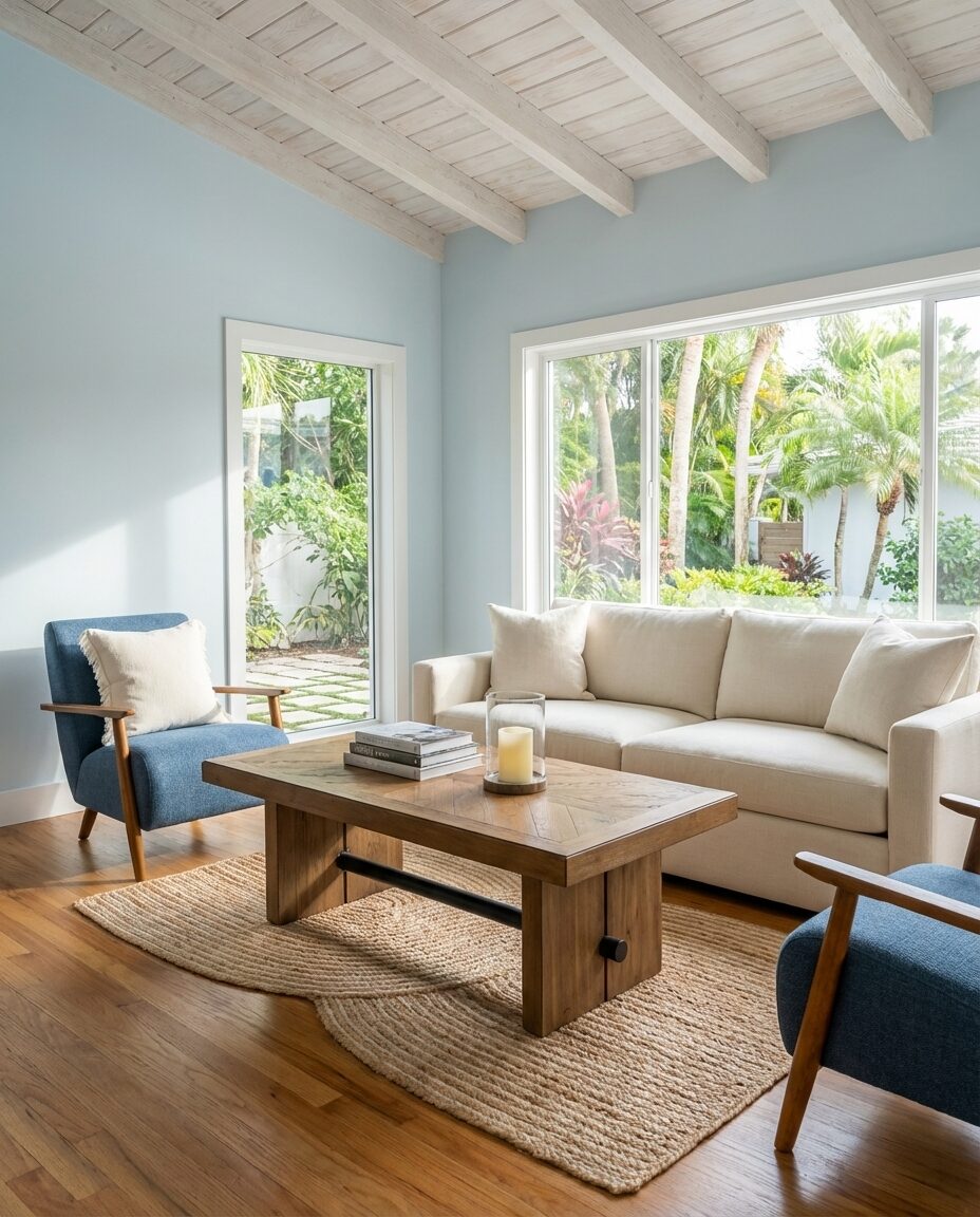 Coastal Blue Living Room with Weathered Wood Accents
