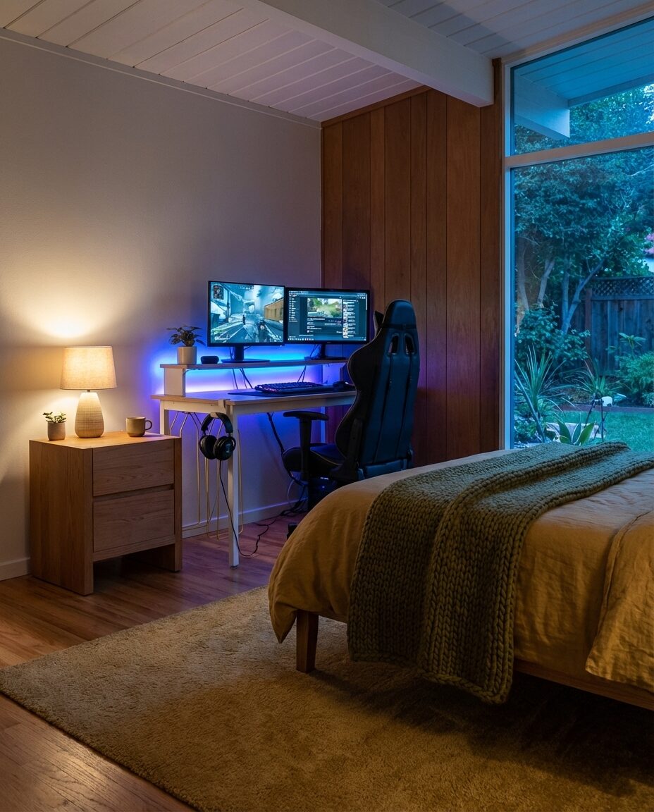 Cozy Small Gaming Bedroom with Integrated PC Workstation