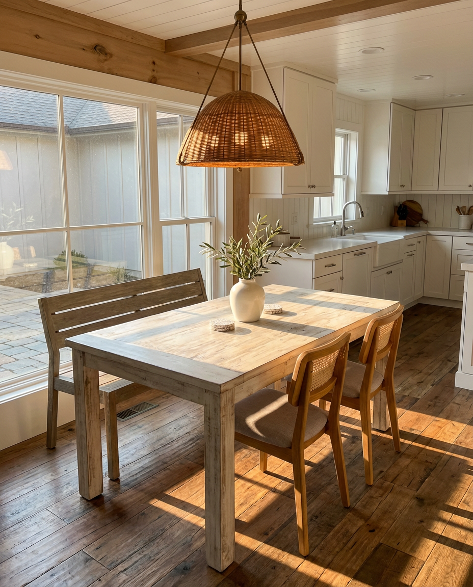 Coastal Farmhouse Kitchen Table Makeover with Bench Seating