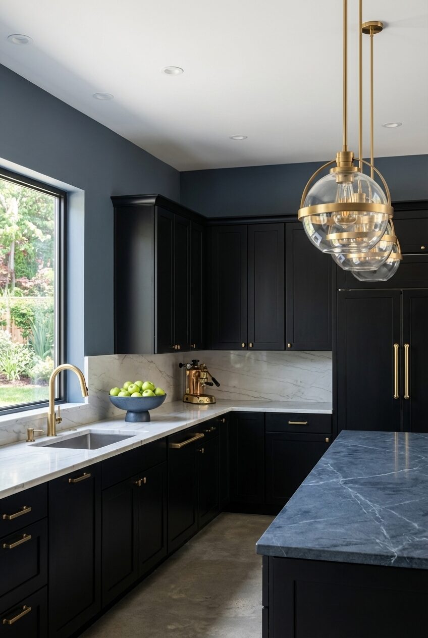 Luxurious Black Kitchen with Marble Countertops