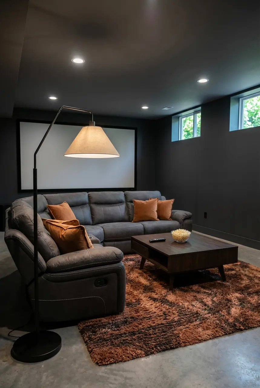 Low Ceiling Basement Media Room with Recessed Lighting
