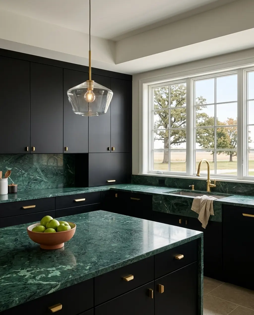 Luxury Black Kitchen with Green Marble Countertops and Brass Accents