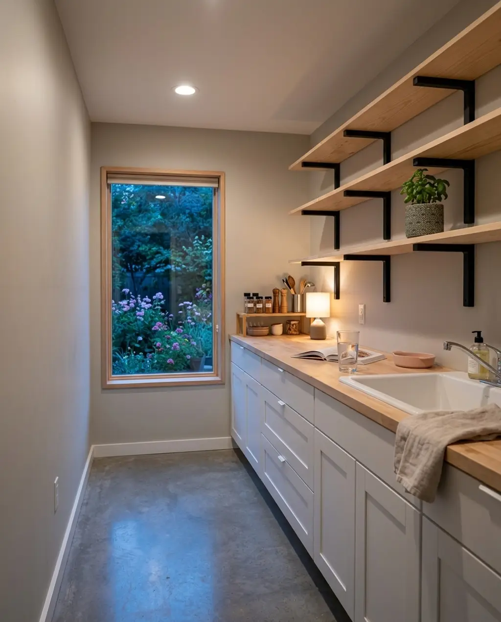 Narrow Galley Kitchen with Open Shelving
