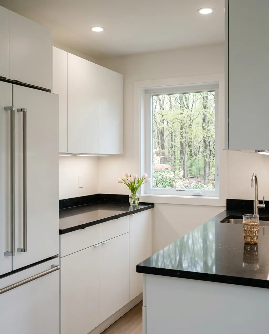 Modern Tiny Kitchen with White Cabinets and Black Countertops