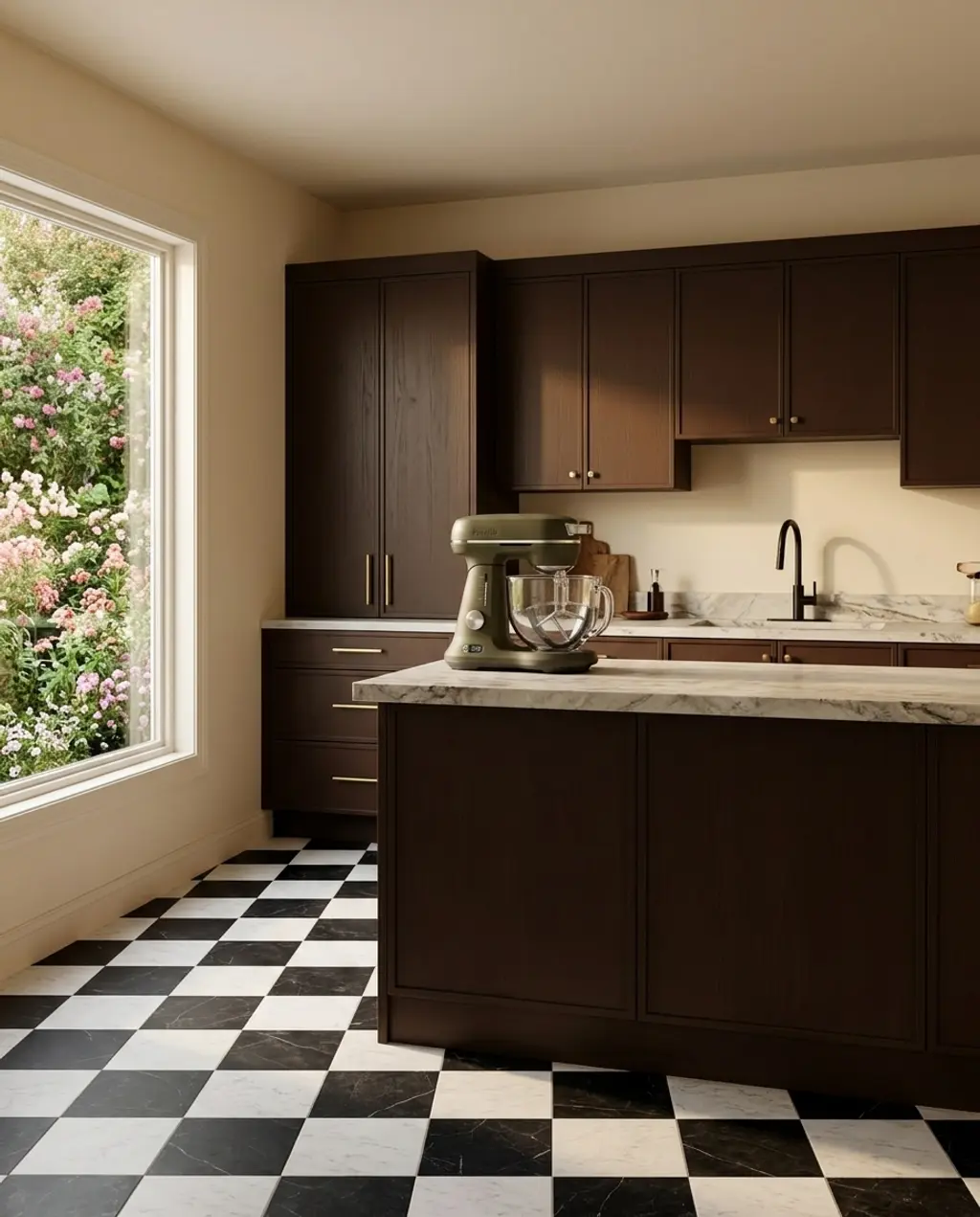 Sophisticated Black and White Checkerboard Kitchen Floor