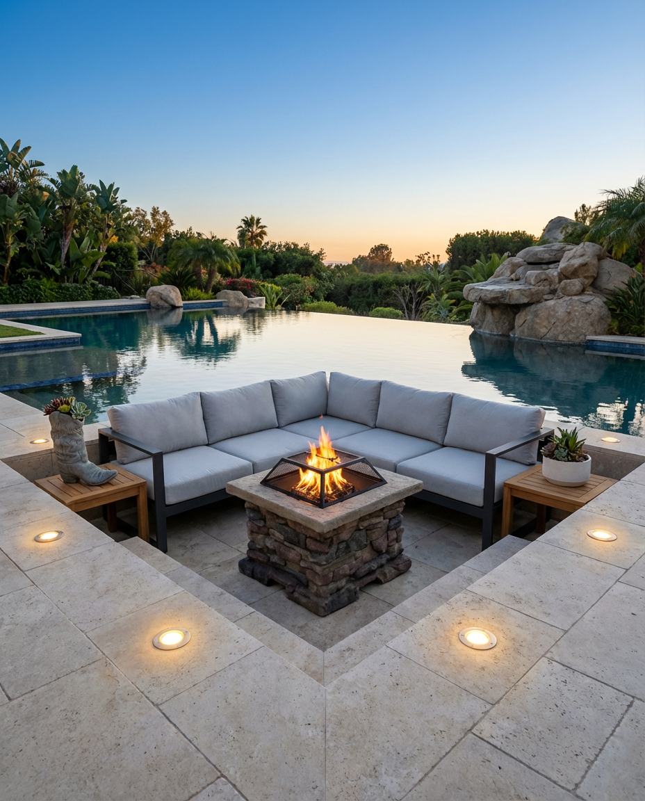 Luxury Pool Deck with Sunken Seating and Fire Pit