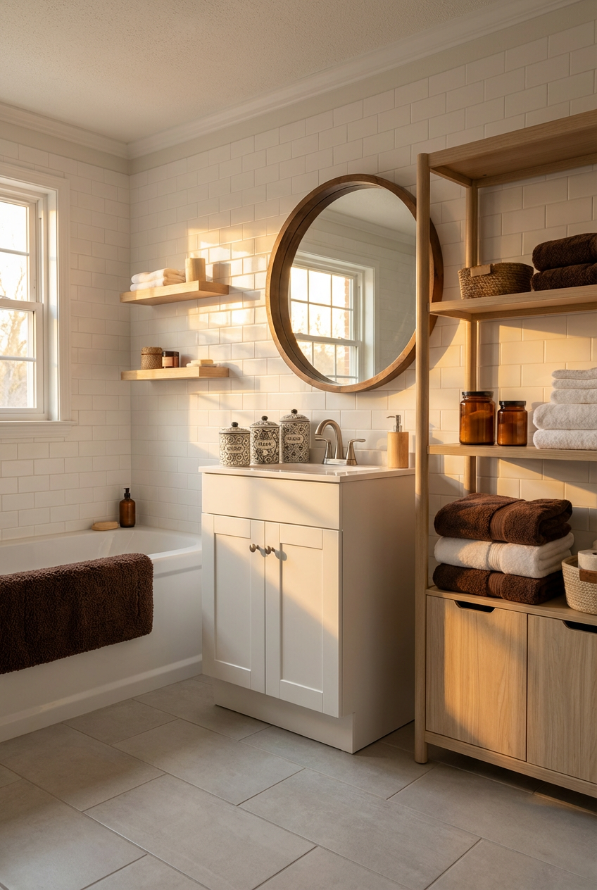 Scandinavian Bathroom with Warm Wood & Minimalist Organization