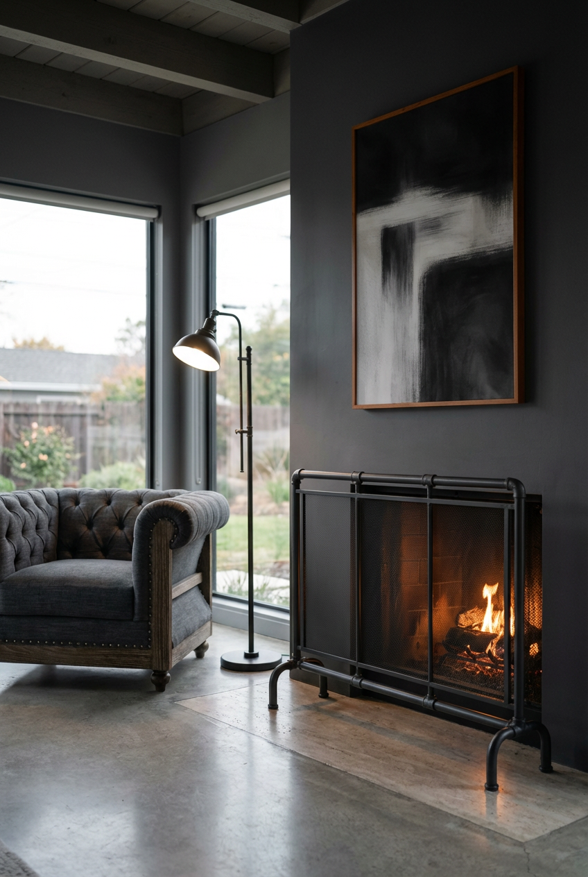 Architectural Gray Walls and Cozy Fireplace