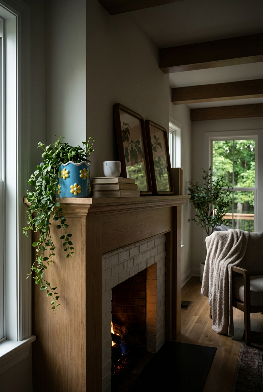 White Brick Fireplace with Greenery and Books