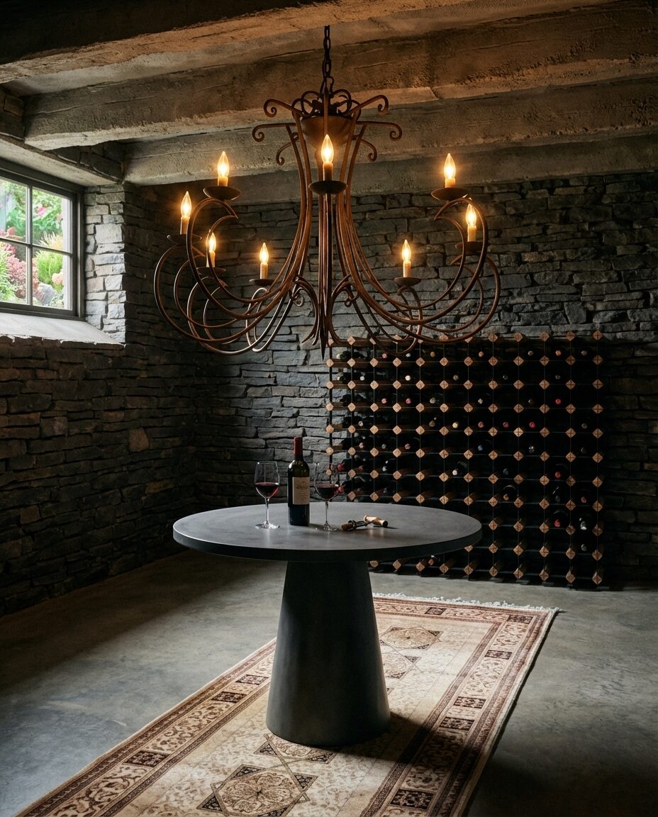 Rustic Basement Wine Cellar with Stone Walls