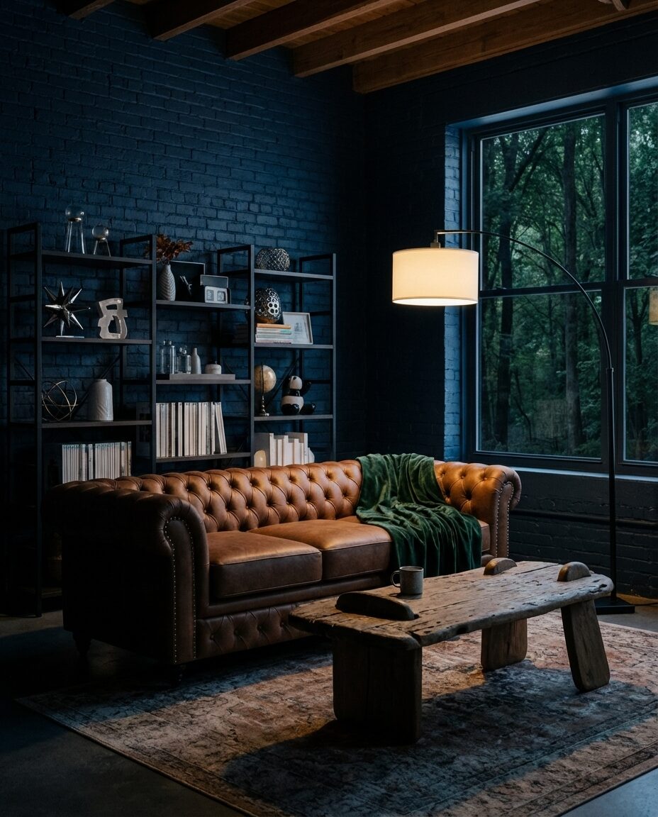 Dark Blue Living Room with Exposed Brick and Industrial Touches