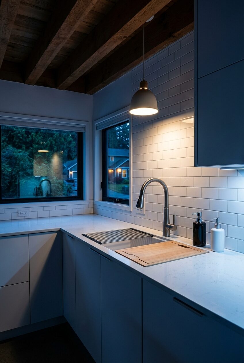 Statement Black Faucet in a Bright White Kitchen