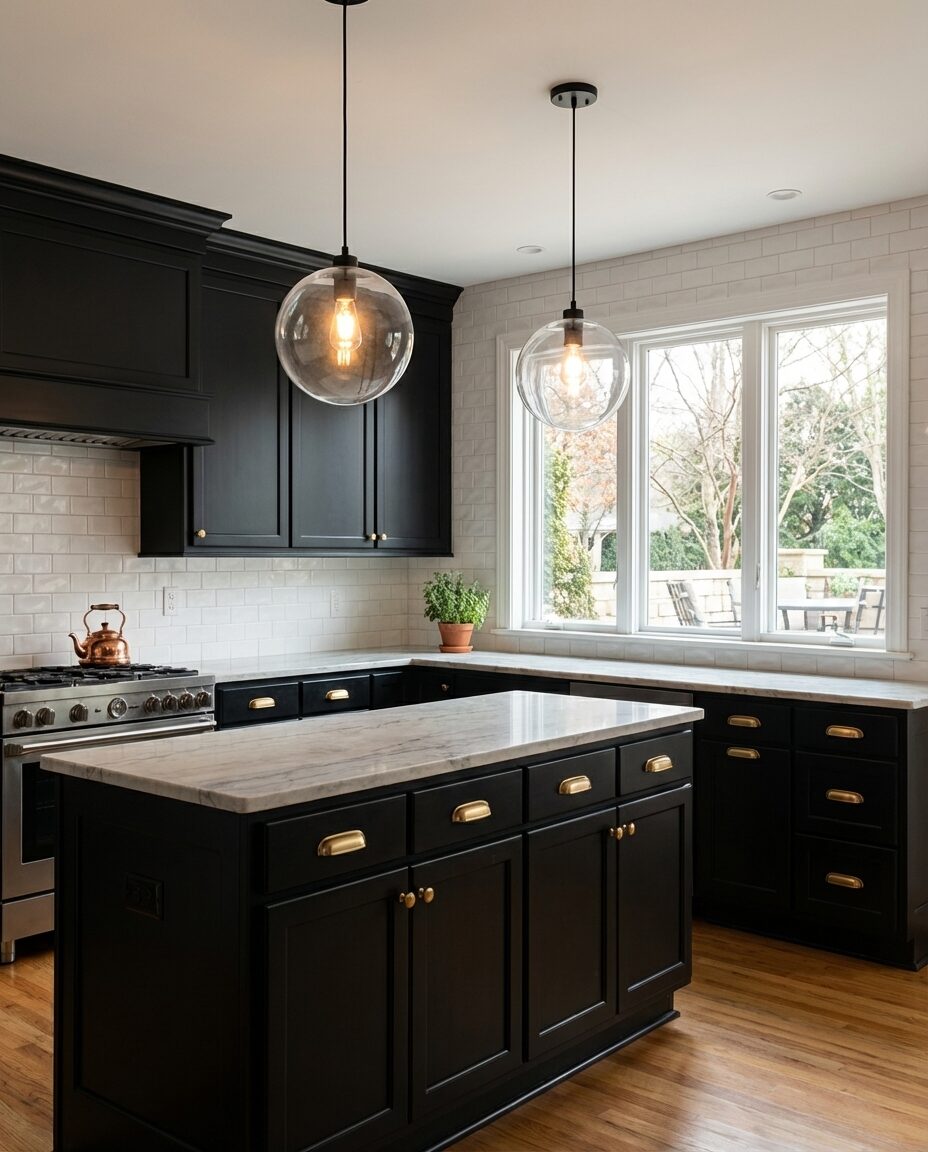 Transitional Black Kitchen with Gold Accents