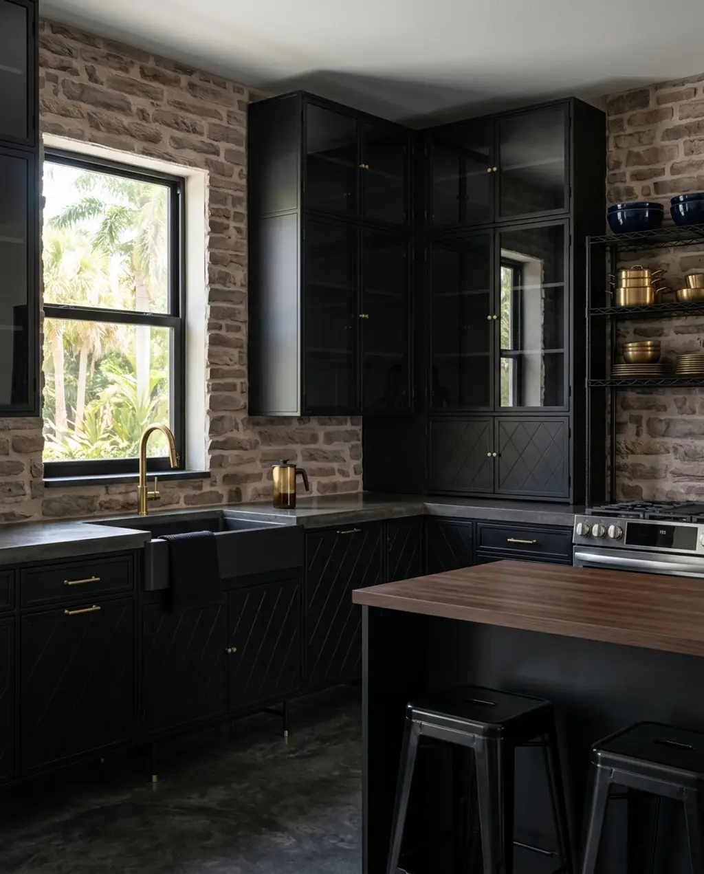 Industrial Black Kitchen with Exposed Brick and Metal Shelving
