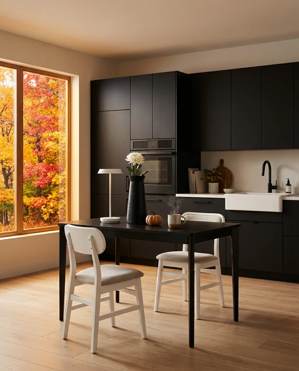 Black and White Contemporary Kitchen Table Setting with Minimal Decor