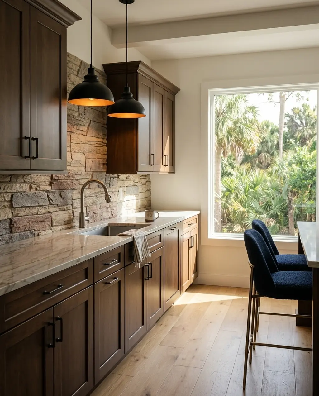 Rustic Modern Galley Kitchen with Wood and Stone Elements