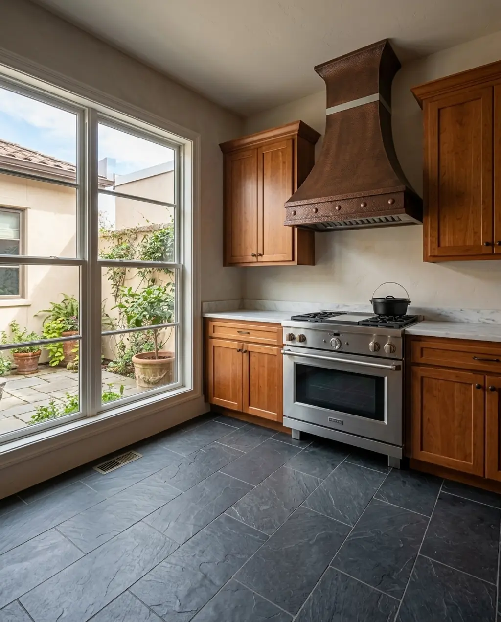 Dark Slate Tile Kitchen Floor with Rich Wood Cabinetry