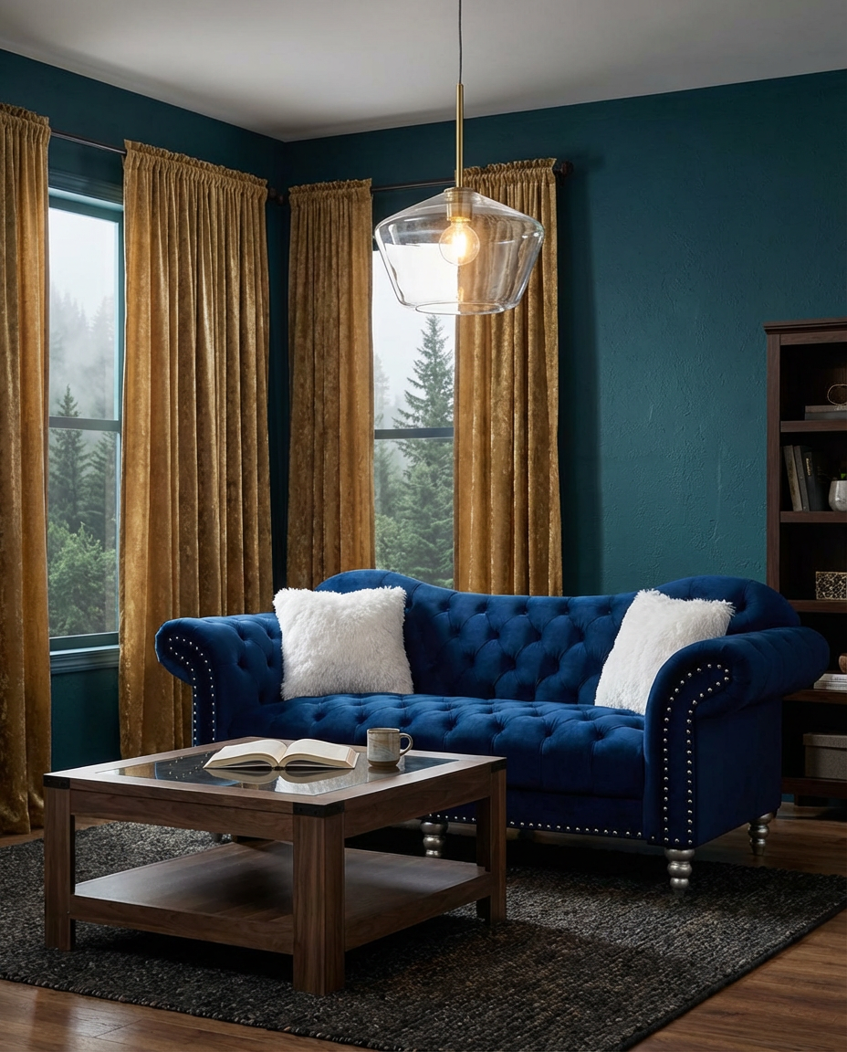 Deep Teal Painted Living Room with Rich Textures