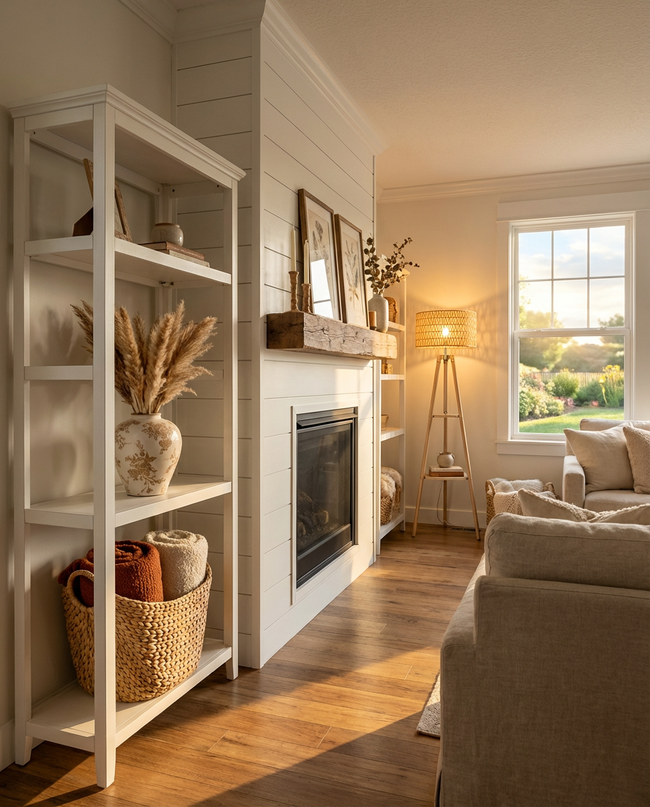 Electric Fireplace Feature Wall with Shiplap Detail