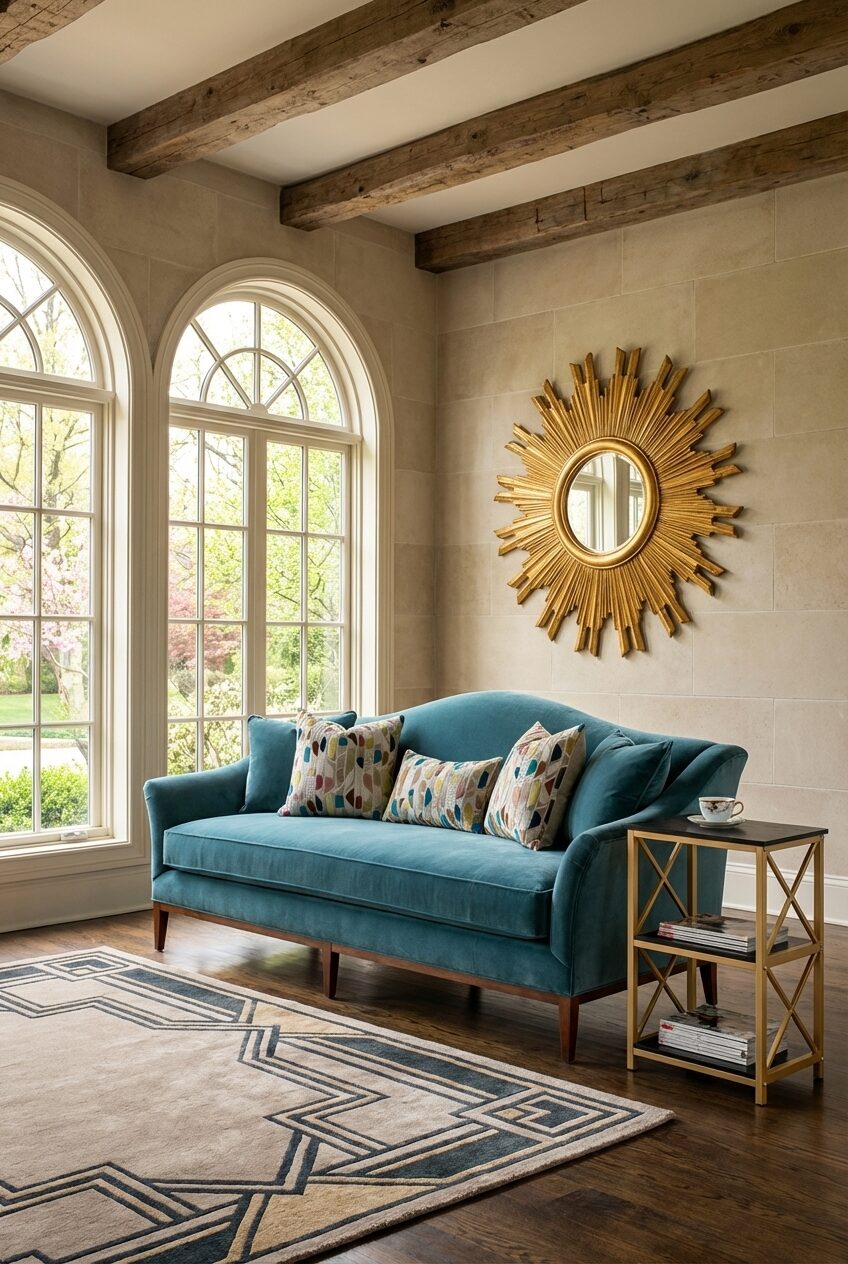 Teal Blue Living Room with Gold Accents and Art Deco Vibes