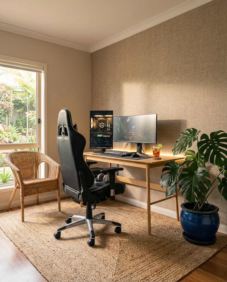 Tropical Gaming Room with Greenery and Natural Elements