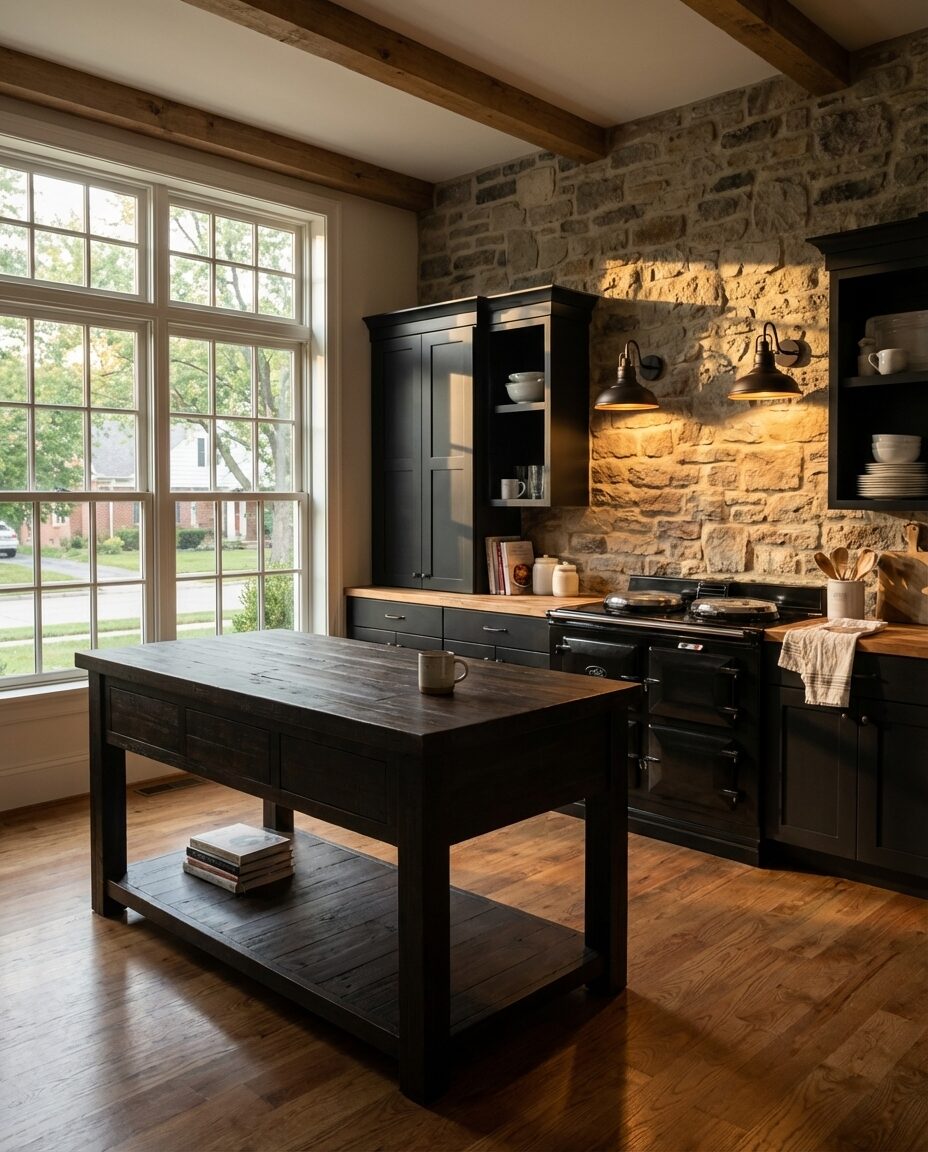 Rustic Black Kitchen with Exposed Beams