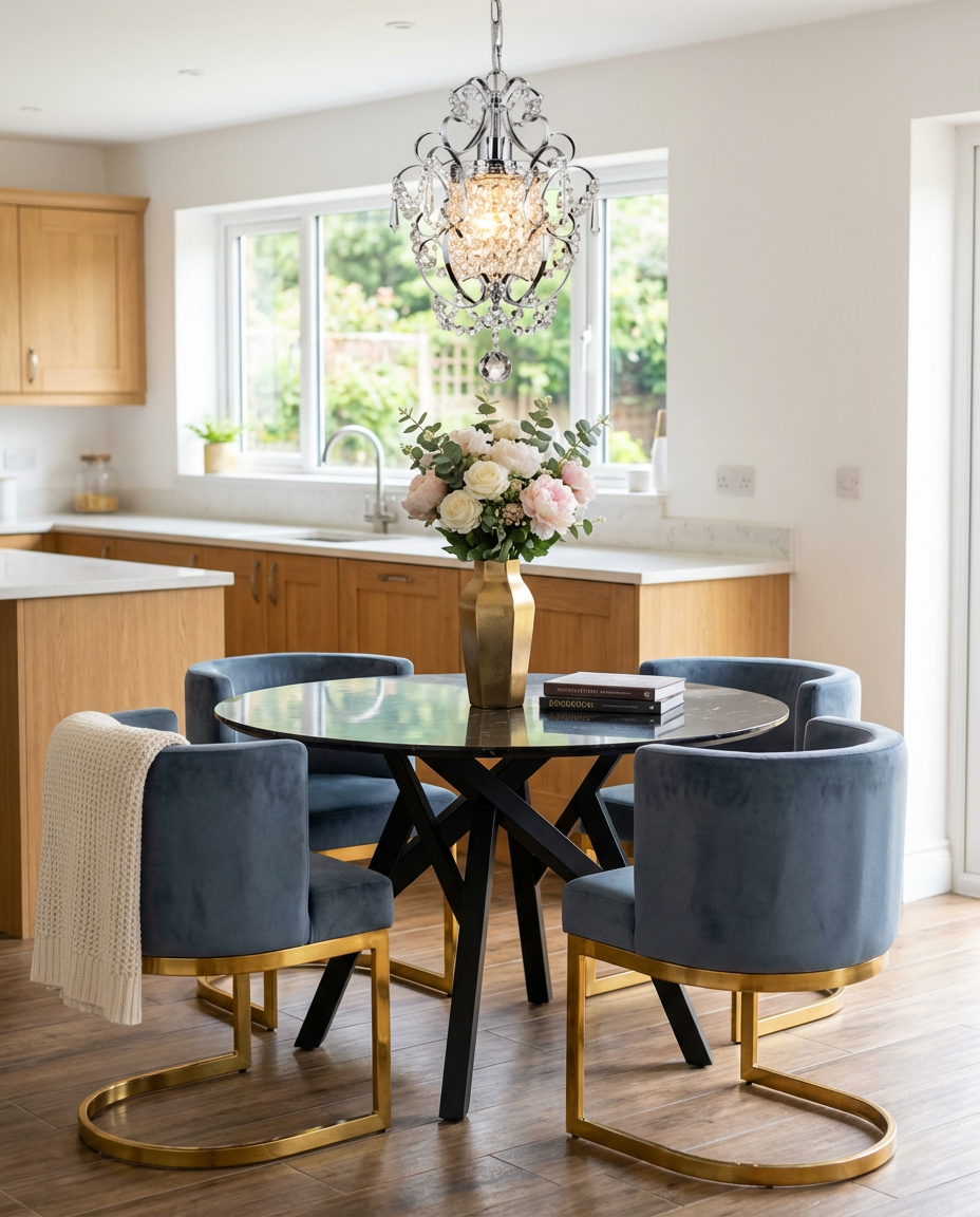 Black Round Kitchen Table with Luxurious Velvet Chairs and Floral Centerpiece