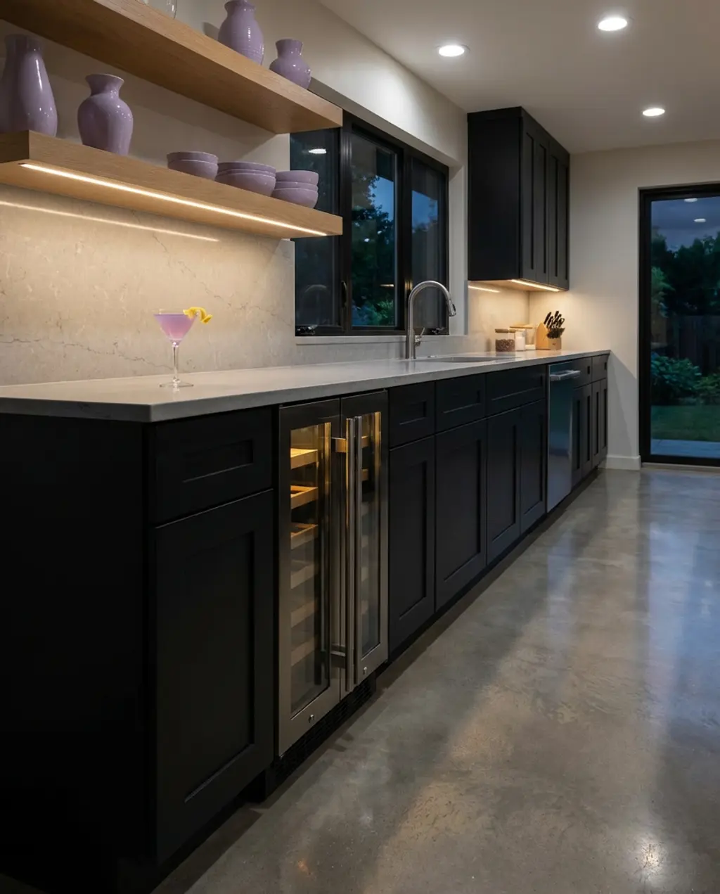 Sleek Black Kitchen with Integrated Wine Fridge and Concrete Floors