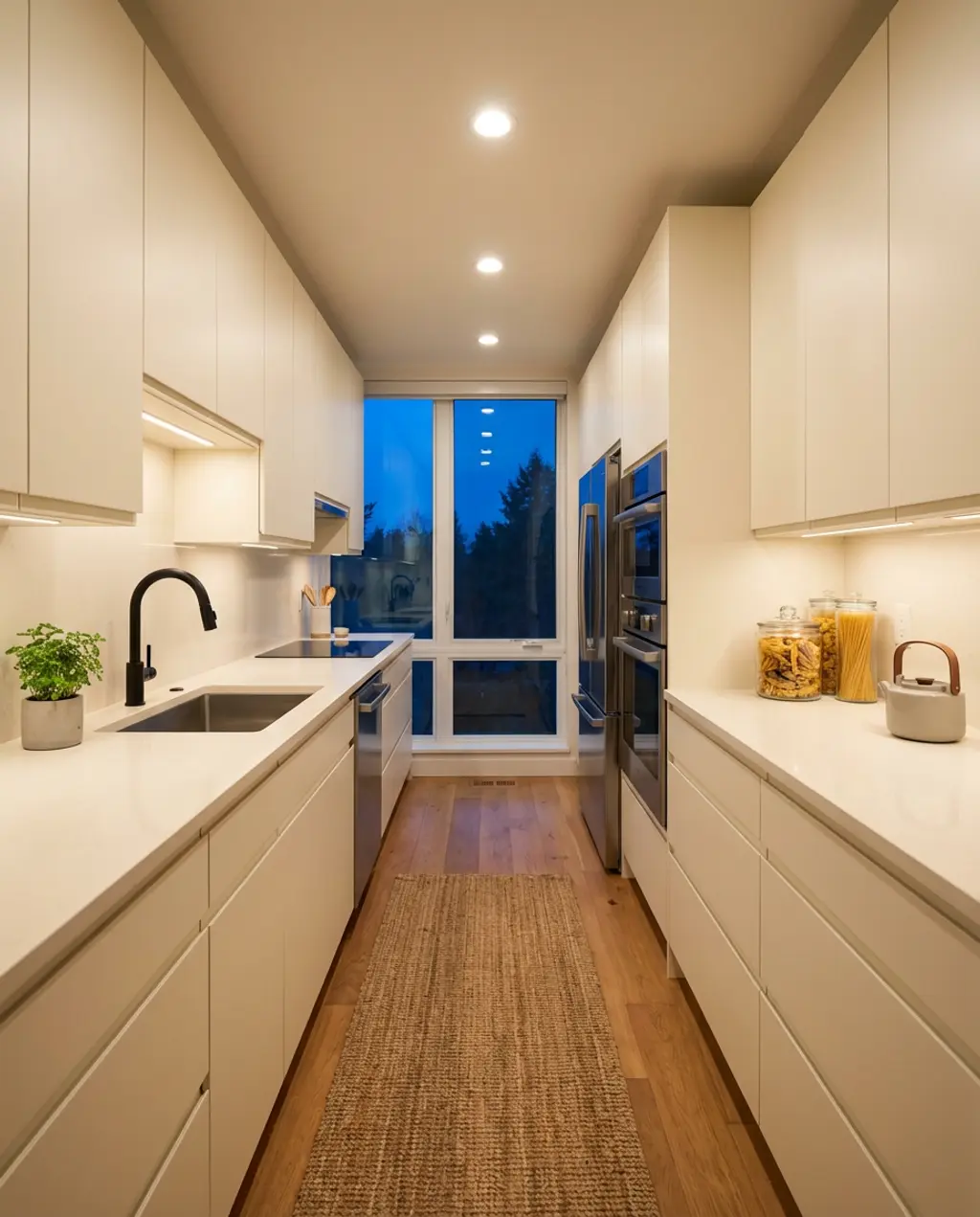 Minimalist Galley Kitchen with Integrated Handleless Design