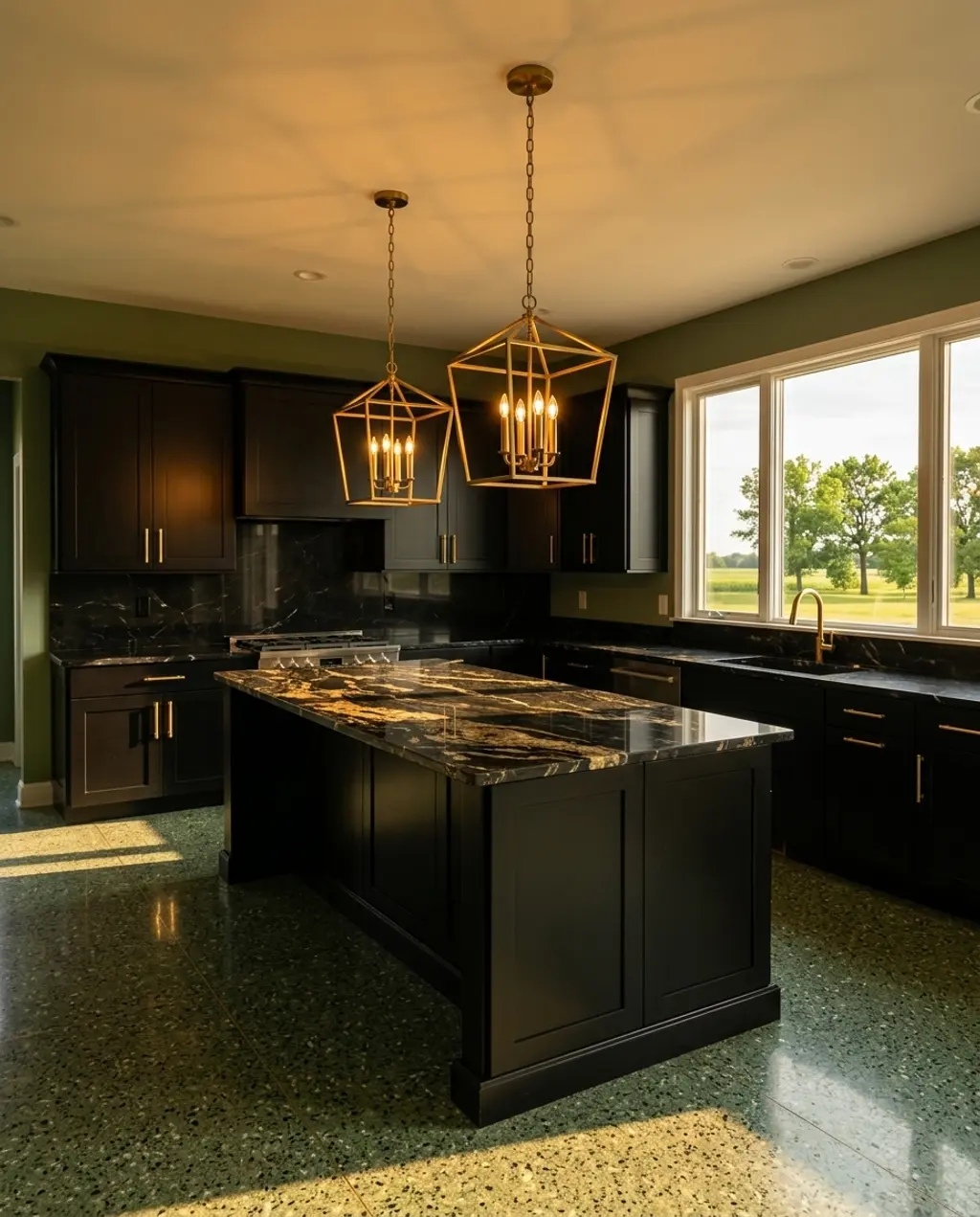 Elegant Black and Gold Kitchen with Unique Lighting