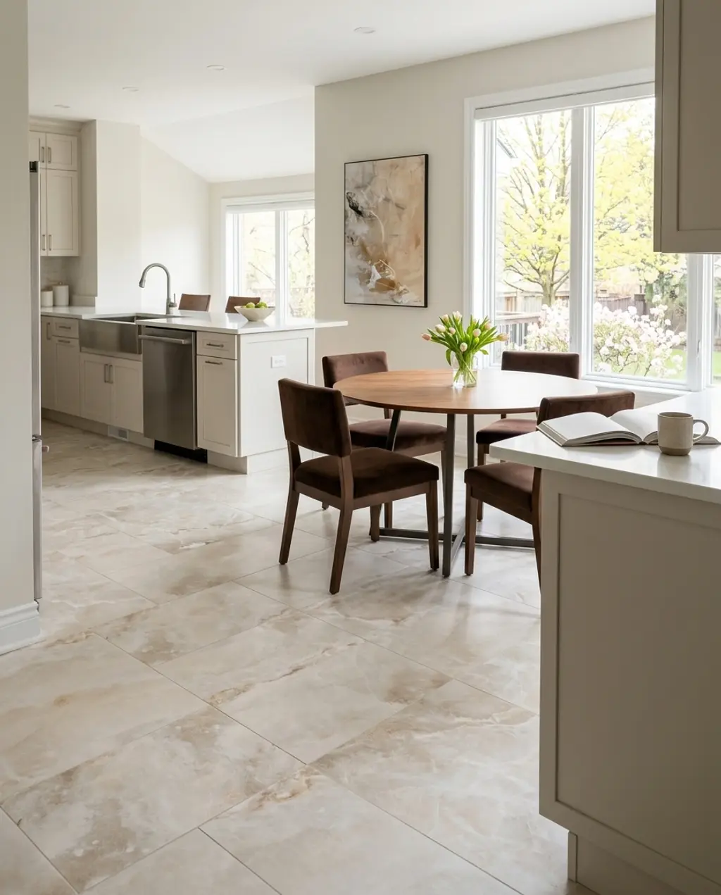 Transitional Kitchen with Large Format Porcelain Tiles