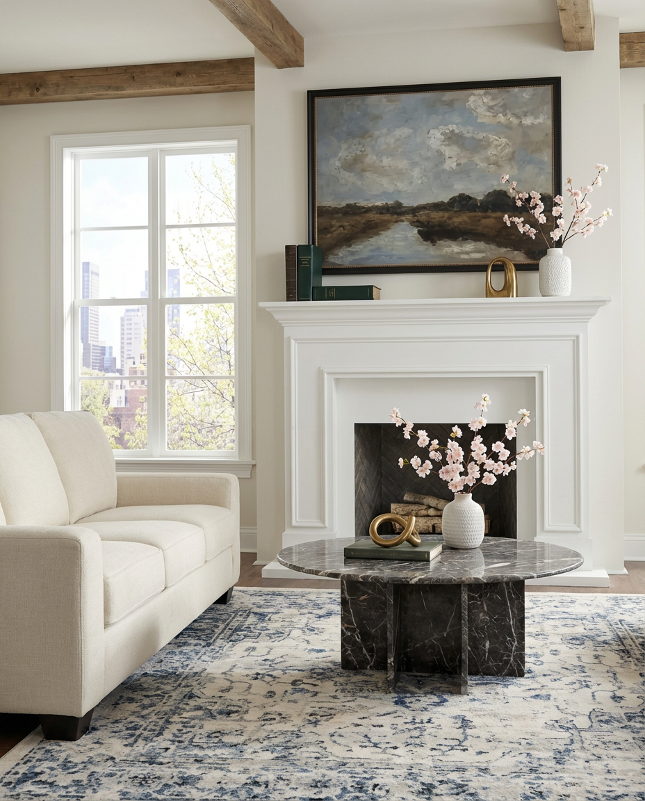 Transitional Living Room with Grand White Fireplace