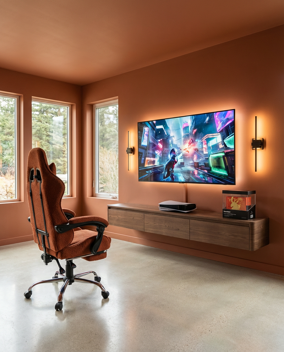 PS5 Gaming Setup with Wall-Mounted Display and Backlighting