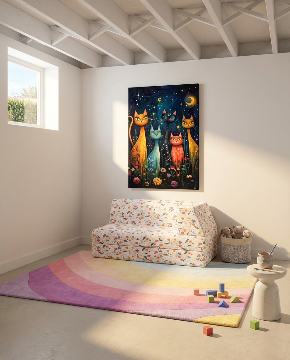 Unfinished Basement to Modern Kid's Playroom