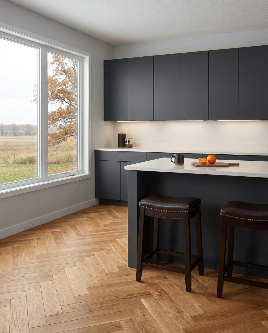 Black Kitchen with Herringbone Wood Floor